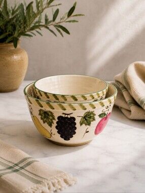 Vintage Ceramic Nesting Bowls with Fruit Print, Set of 2